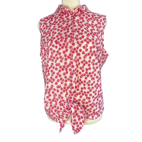 Talbots VTG Pink And White Sleeveless Top Tie‎ At Waist Embroidered Flower 16 - Picture 1 of 7